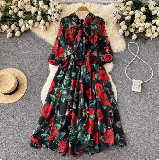 Spring and summer floral dress for women 2023 new style French temperament socialite high-end bow collar long skirt trendy