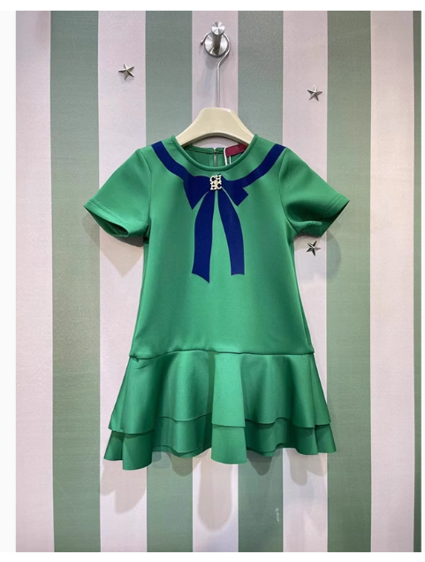 Spanish children's clothing design 2024 new girls dress sweet bow print short-sleeved summer dress