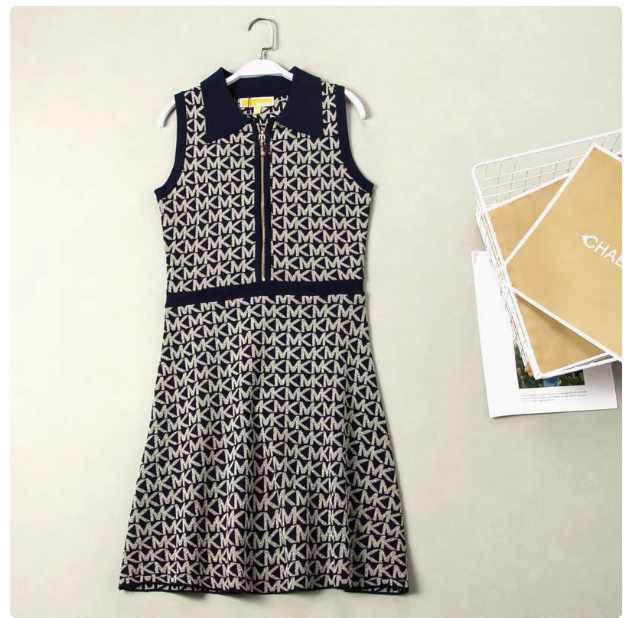 American M women's drape light luxury bright silk letter jacquard temperament elegant lapel zipper sleeveless dress