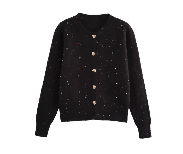 KASLEAD new women's European and American style fashion sequins diamond heart button knitted cardigan jacket