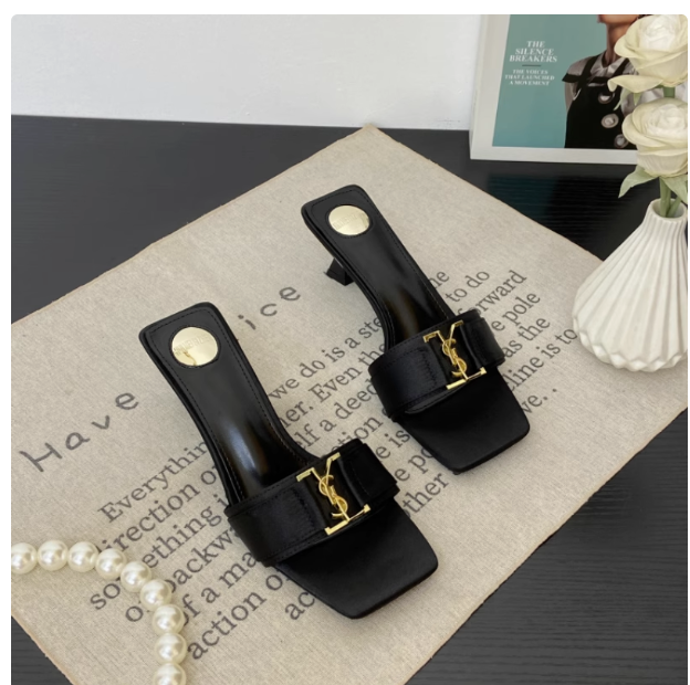 2025 Summer celebrity style temperament square head open toe high heels women's metal buckle stiletto black one-strap sandals women