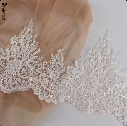 Wholesale Handmade White Bridal Lace Trim Applique Sequin Beaded Trim for Dress