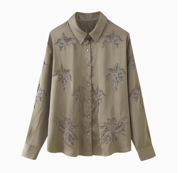 KASLEAD New Women's European and American Style Fashion Beaded Embroidered Shirt Casual Pants Set