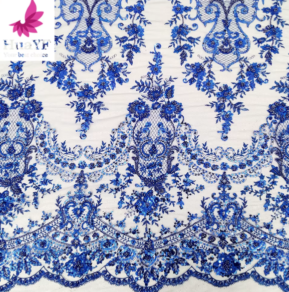 HY2747 Luxury floral embroidery french cream 3d beaded sequins lace african bridal wedding dress fabric