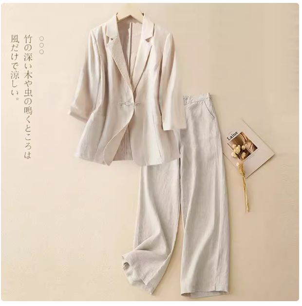 Mom's summer cotton and linen suit for women, high-end linen 2025 new casual suit jacket, wide-leg pants, two-piece suit