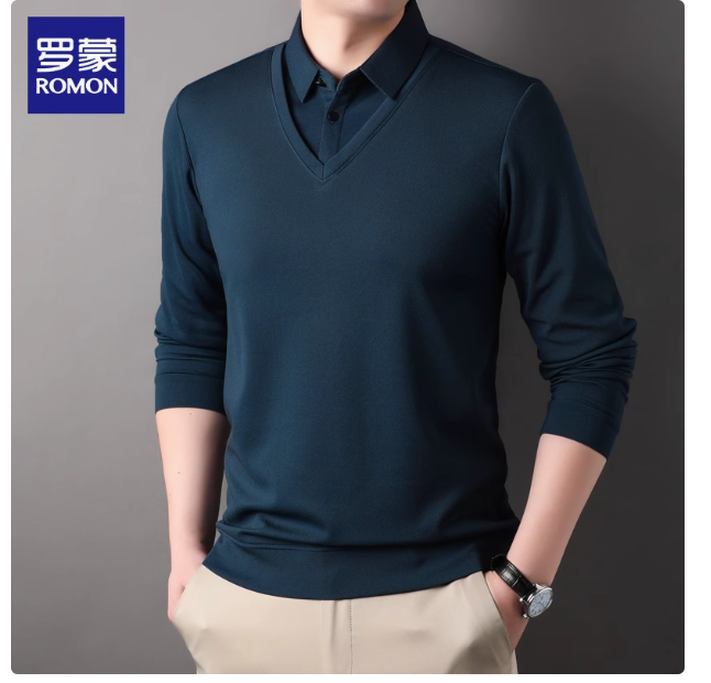 Romon sweatshirt men's long-sleeved T-shirt autumn and winter style fake two-piece white bottoming top business casual Polo shirt men