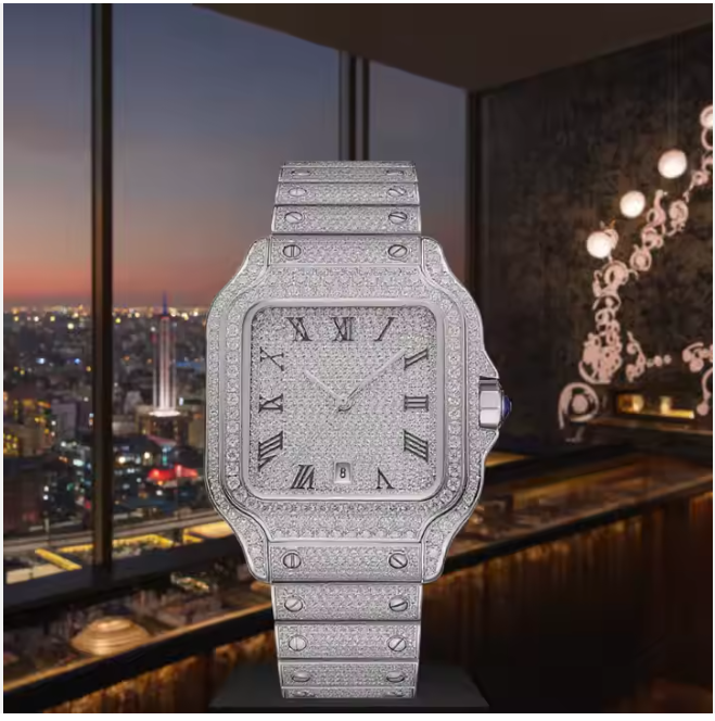 2025 New Trend Sport Silver Zircon Quartz Watch Rome Hip Hop Full Diamond Square Design with Hidden Buckle Best-Selling Jewelry