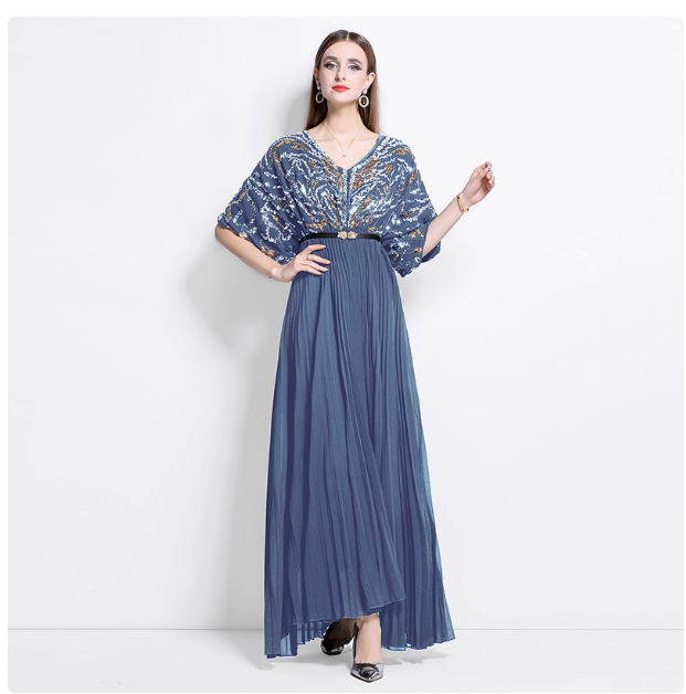 European and American style sequined evening dress high-end light luxury Sanyake dress summer new loose meat-covering large size long skirt