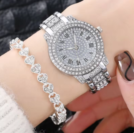 Luxury Full Crystal Diamond Watches Bracelet Set Men Women Fashion Gold Steel Belt Wrist Watch For Men Women