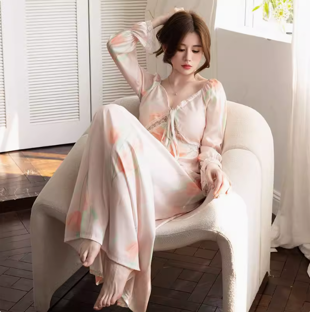 Pajamas women's ice silk nightdress net celebrity retro spring and autumn long imitation silk palace sexy sweet long skirt home clothes