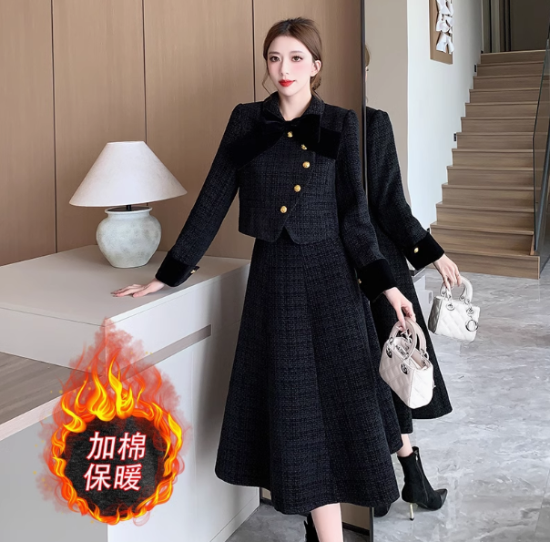 Thickened woolen long winter skirt suit two-piece suit Korean drama heroine wears high-end Chanel style winter dress