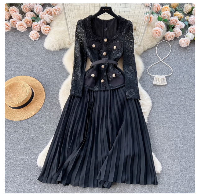French Chanel style dress for women, high-end feel, heavy beaded metal buttons, square collar, lace stitching, pleated fairy skirt