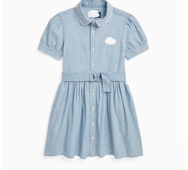25 Spring and Summer new style pony logo same style girls baby denim lapel polo lace edge pleated dress