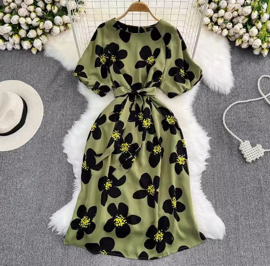 Summer gentle style lady temperament puff sleeve round neck waist slim lace medium long A-line printed dress