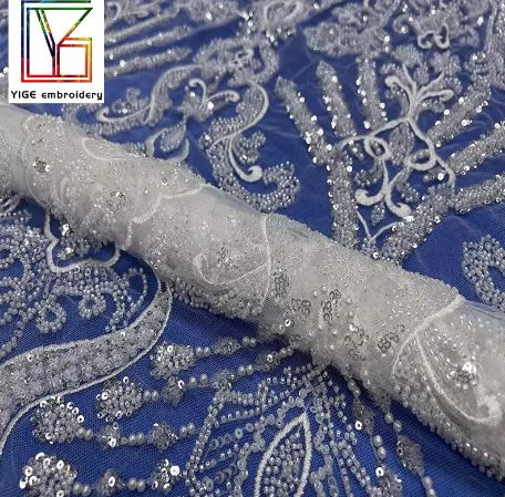 100% Polyester beads sequins lace fabric white tulle bridal lace Dress embroidery Beaded Lace Fabric