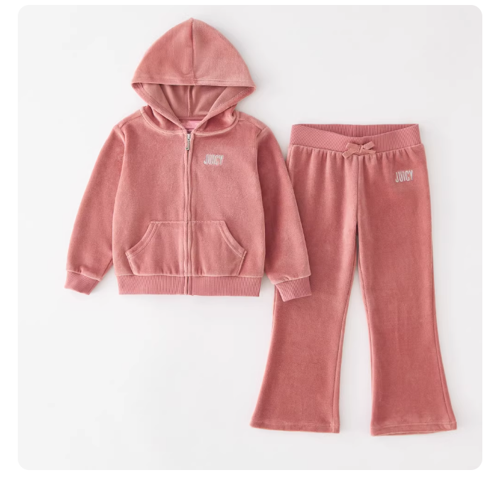 3-12 years old French style baby girl velvet cardigan jacket with hood long sleeve sweatshirt flared pants suit spring and autumn