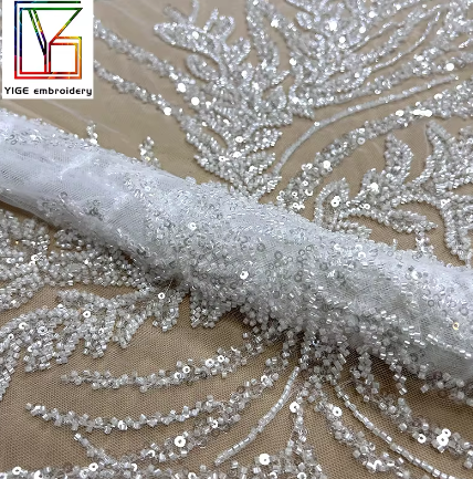 Top quality luxury heavy beaded white tulle Lace With Sequins wedding embroidery Beads bridal lace dress fabric