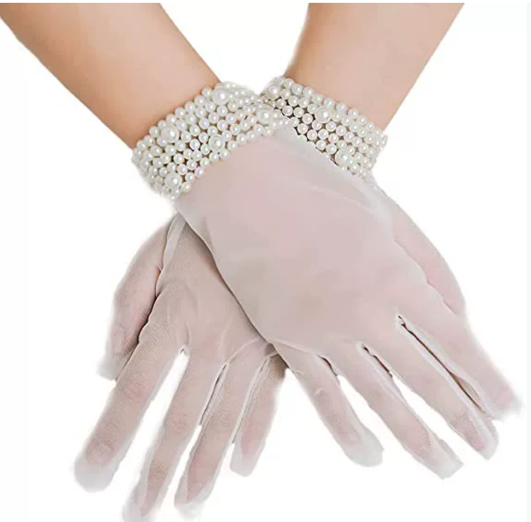 Manufacturer of pearl white wedding bridal Korean style gloves, short transparent wedding dress accessories with large beads and rivets.