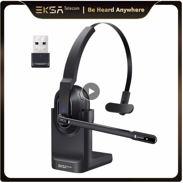 EKSA - H5 Bluetooth 5.0 Headsets, PC Wireless Headphones, 2 Mics ENC Earphones, with Charging Base USB Dongle for Office