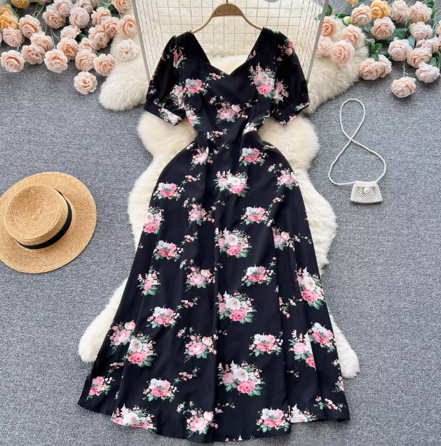 New spring and summer French elegant style hides flesh and makes you look thin, simple V-neck floral dress for women, lace-up long skirt