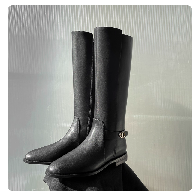 Clearance sale black high-top knight boots, slim round toe low-heeled boots, genuine leather side zipper, knee-high women's boots with thick heels