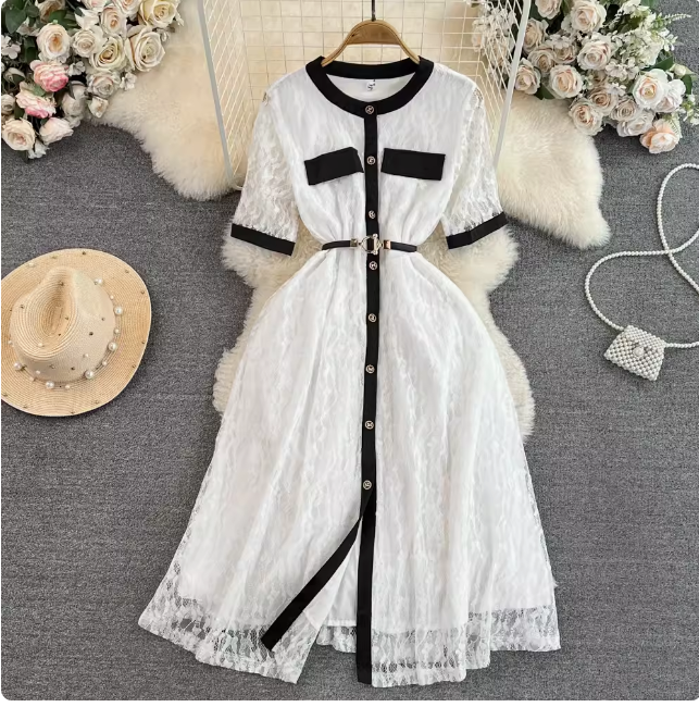 Summer celebrity lady temperament short sleeve round neck waist slim a-line single-breasted lace dress elegant long skirt