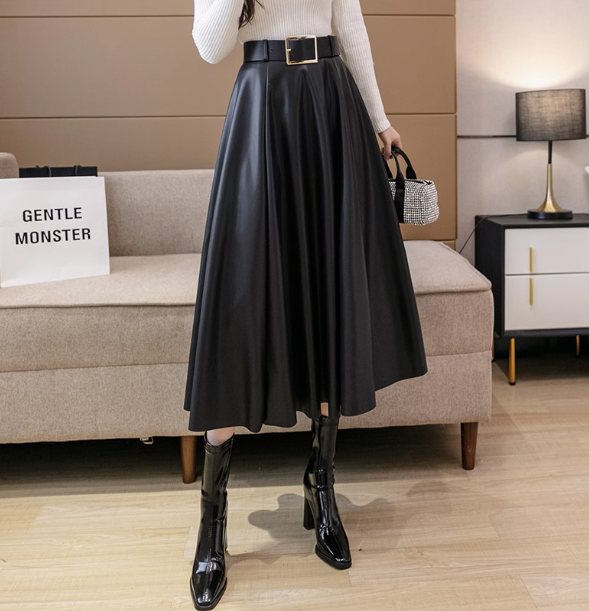 Brown leather skirt 2024 new high waist pleated A-line skirt women's autumn and winter mid-length hip-wrapped long skirt