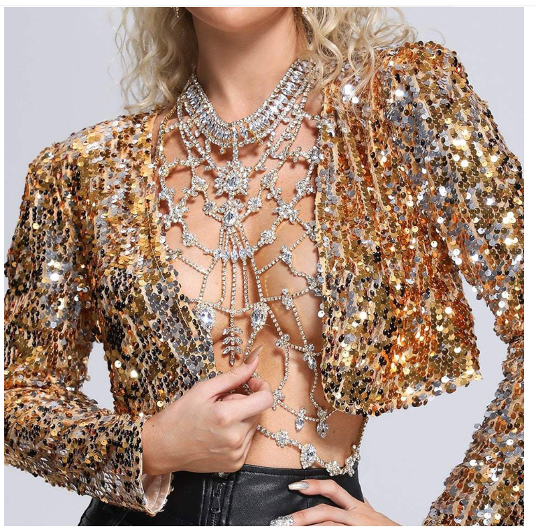 Amazon hot selling rhinestone chest chain personality exaggerated diamond geometric sexy party body chain Chest chain