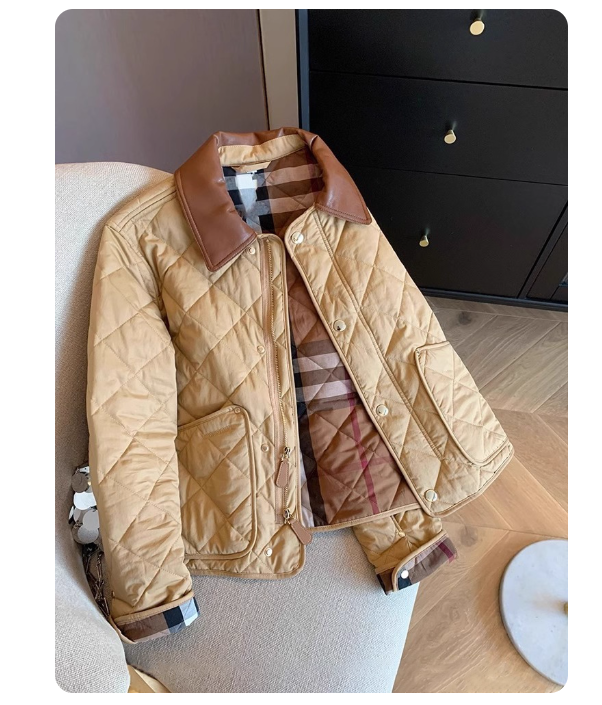 Retro and beautiful khaki leather diamond cotton jacket for women autumn and winter loose and versatile warm quilted top