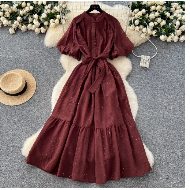 French fashion stand-up collar lantern sleeves tie waist dress for women slim temperament shiny ruffled long skirt