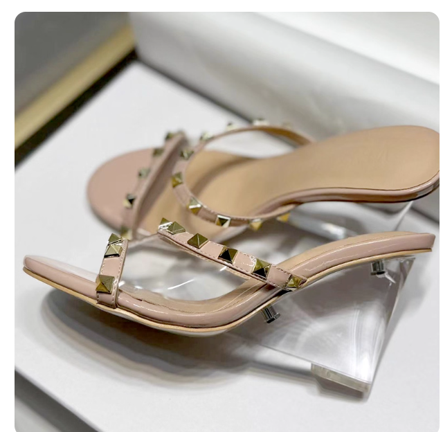 24SS Spring New Style Studded Transparent Crystal High Heels, Slip-on Sandals, 8cm Patent Leather Women's Shoes