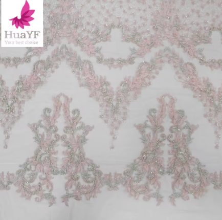 PINK luxury lace fabric embroidery flower mesh french lace tulle high quality beaded lace HY1100-2