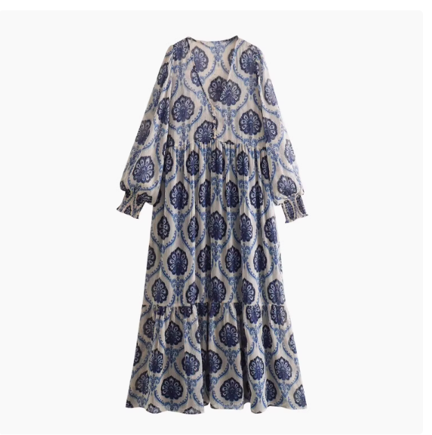 ZR European and American style ZA women's new French retro metal line print design casual long dress