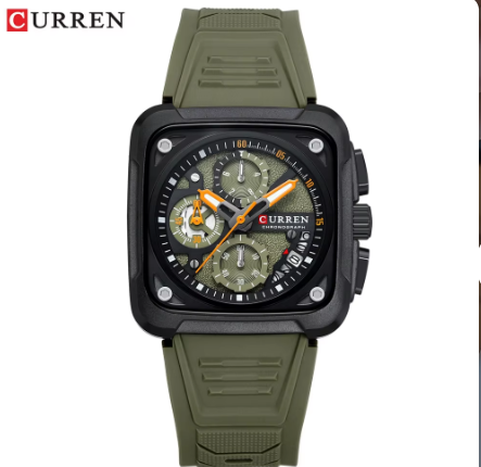 CURREN Watches for Men 8461 NEW 2024 Green Square Dial Waterproof Calendar Sports Silicone Strap Mens Watch Reloj Hombre