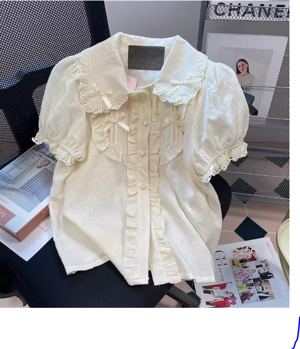 Japanese soft girl JK doll collar bow short-sleeved shirt female summer cute sweet lace lace short top