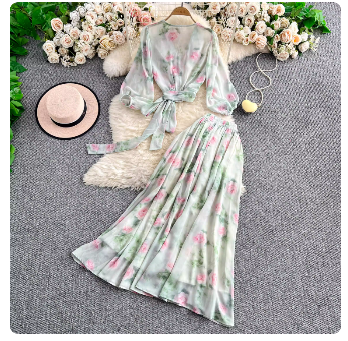 Summer new style outfit a complete set of women's sweet rose floral short twist top high waist slim skirt