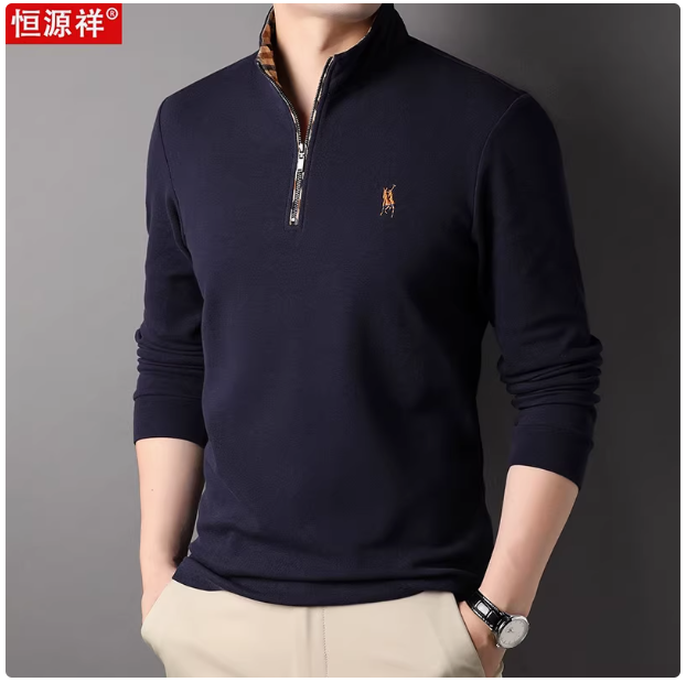 Hengyuanxiang pure cotton long-sleeved sweatshirt men's casual polo shirt spring and autumn half-zip stand-up collar T-shirt men's bottoming shirt