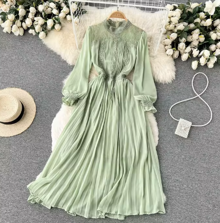 DD7857 New 2023 Korean Fashion Lace Patchwork Long Sleeve Pleated Dress Women Long Dresses Clothing 2