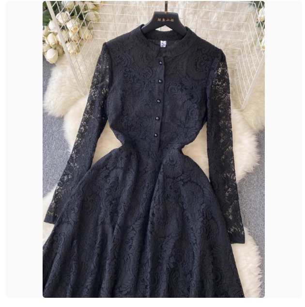 Retro Hepburn style stand-up collar long-sleeved lace dress for women with slim waist and elegant French style light luxury little black dress