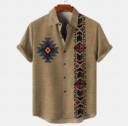 Men's Breathable Ethnic Printed Shirt Summer Spring Casual Stand Collar Polo Holiday Short Sleeve Knitted Single Breasted