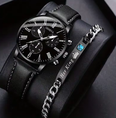 6258 2 pcs / set black mens Quartz Watch with Bracelet Fashion Men Watch Set gift