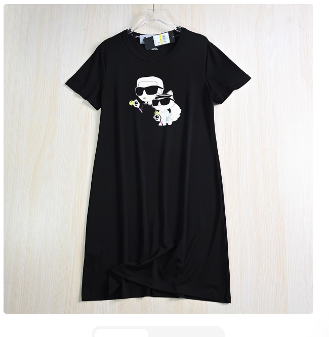 Siqi Women's Clothing 256/09 Cotton Offset Printing Cartoon Cat Round Neck Slim Fit Short Sleeve T-shirt Dress