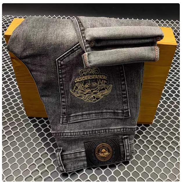 European men's clothing 2025 new high-end embroidered jeans men's trendy elastic slim-fitting casual long pants