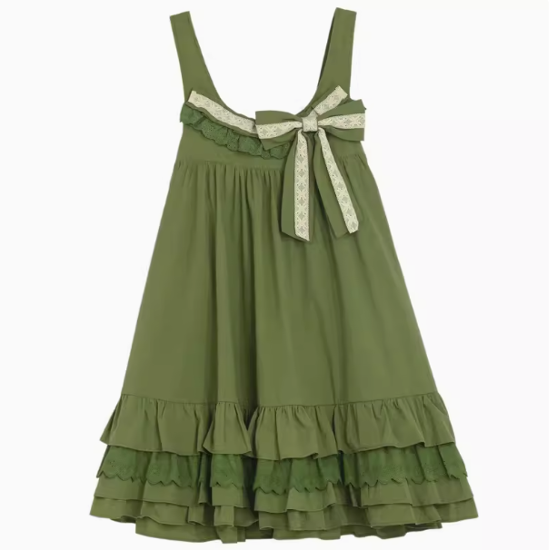 Retro sweet forest style green white baby doll dress suspender dress lace A-line skirt forest girl tribe original