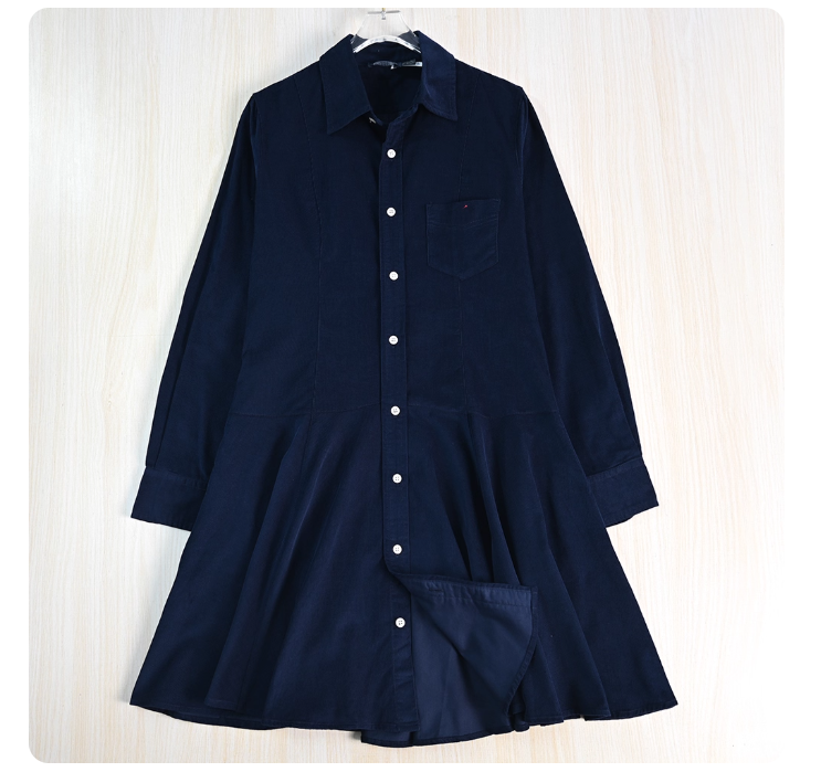 Siqi Women's Clothing 259/22 Retro Classic Embroidered Corduroy Cotton Slim Long Sleeve Shirt Style Umbrella Dress