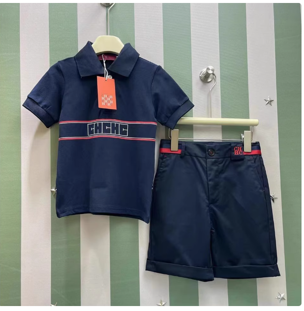 Spanish design boy suit shirt lapel short-sleeved T-shirt daily casual style cool and handsome two-piece children's clothing