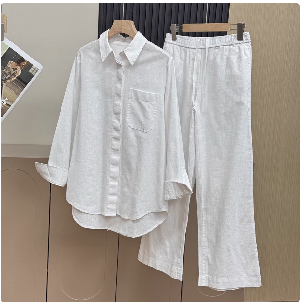 Nordic style! Spring and summer new retro loose-fitting all-match linen shirt + linen wide-leg pants suit for women 23561