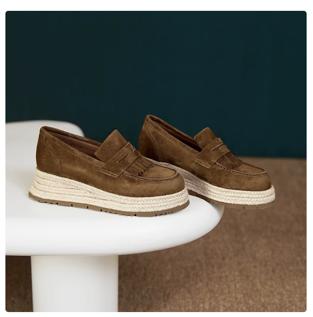 Sheepskin ~ Retro genuine leather straw fisherman wedge loafers women's height-enhancing slip-on lazy casual platform shoes