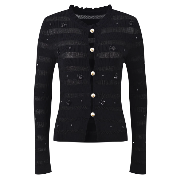 2025 Summer New Arrival: Sweet and Youthful Striped Lightweight Knit Cardigan with Beading + Slim Fit Camisole Set