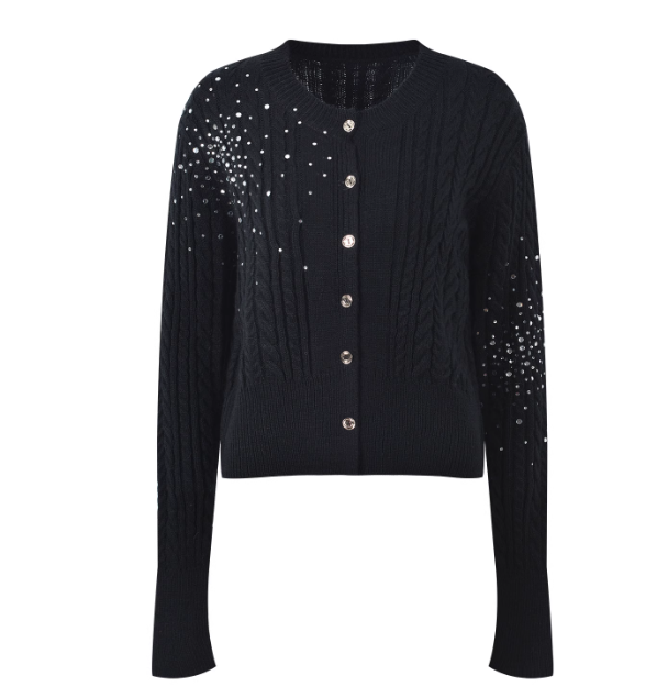 Niche design heavy diamond jacket 2024 autumn and winter style slim fit round neck short knitted cardigan jacket